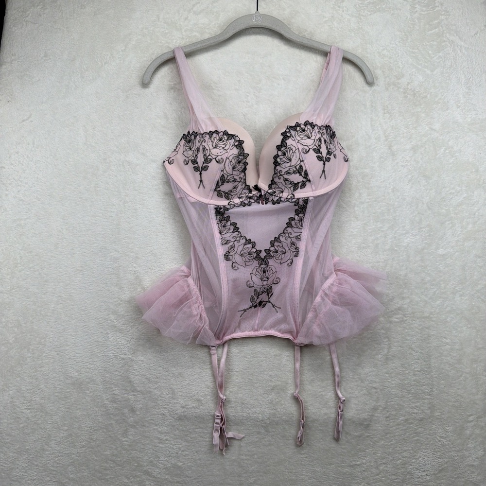 Victoria's Secret Bustier Corset‎ Garter Pink Black Lace 36D